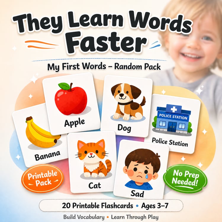 My First Words Random Pack – 20 Printable Flashcards for Kids (Ages 3–7) | Build Vocabulary with Simple Sentences & Cute Illustrations