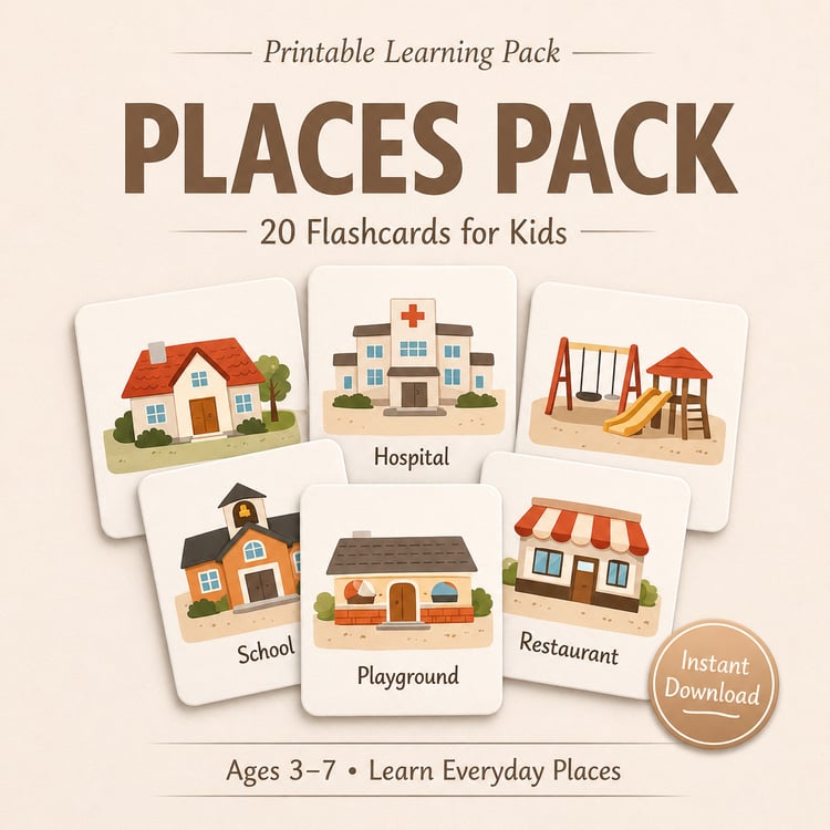 My First Places Pack – 20 Printable Flashcards for Kids (Ages 3–7) | Learn Everyday Places with Simple Sentences & Cute Illustrations