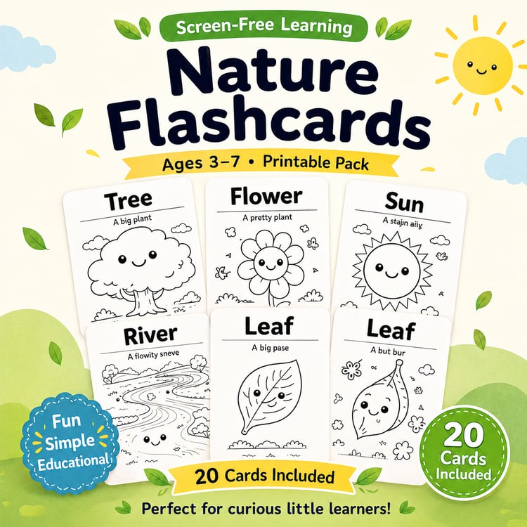 Nature Flashcards for Kids (Ages 3–7) – 20 Printable Coloring Cards with Simple Sentences | Learn Nature Words the Fun & Easy Way