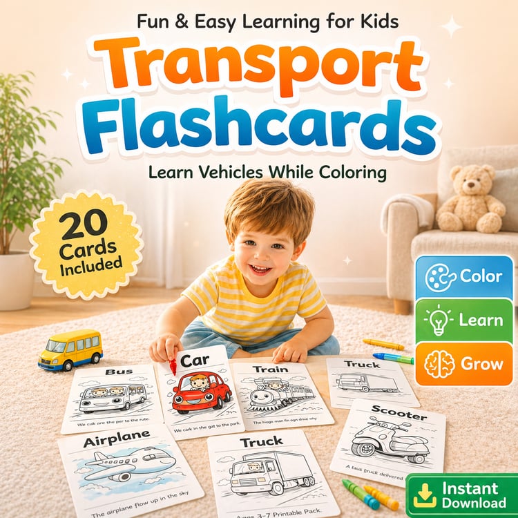 Transport Pack for Kids (Ages 3–7) – 20 Fun Printable Vehicle Flashcards with Simple Sentences & Coloring Pages | Learn Transportation Vocabulary the Easy Way