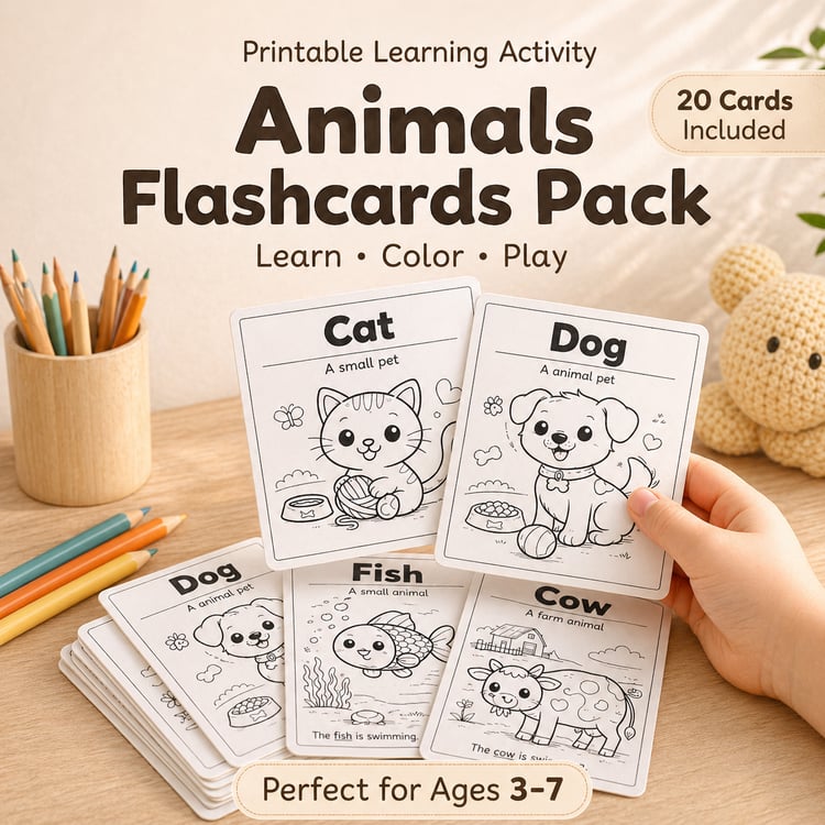 20 Printable Animals Flashcards for Kids (Ages 3–7) | Learn Animal Names, Build Vocabulary & Enjoy Fun Coloring Activities | Cute Educational Animal Pack