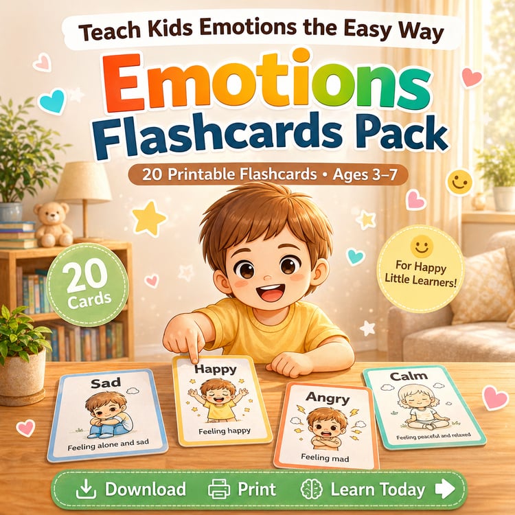 20 Kids Emotions Flashcards Pack for Ages 3–7 | Learn Feelings, Build Emotional Intelligence & Social Skills with Fun Printable Coloring Cards