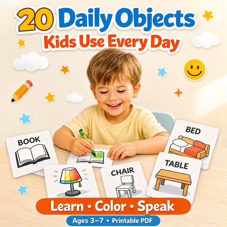 20 Daily Objects Flashcards for Kids (Ages 3–7) – Learn Everyday Vocabulary with Fun Coloring & Simple Sentences | Printable PDF