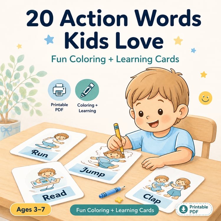 20 Action Words Coloring Cards for Kids (Ages 3–7) – Fun Verbs Learning Printable | Learn Actions Through Play