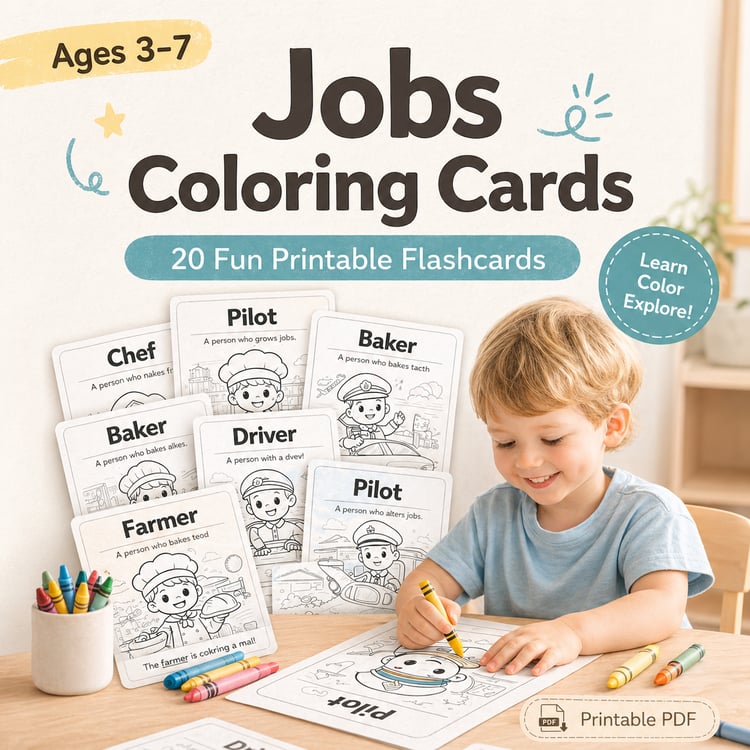 Jobs Coloring Vocabulary Cards – 20 Fun Printable Flashcards for Kids (Ages 3–7)