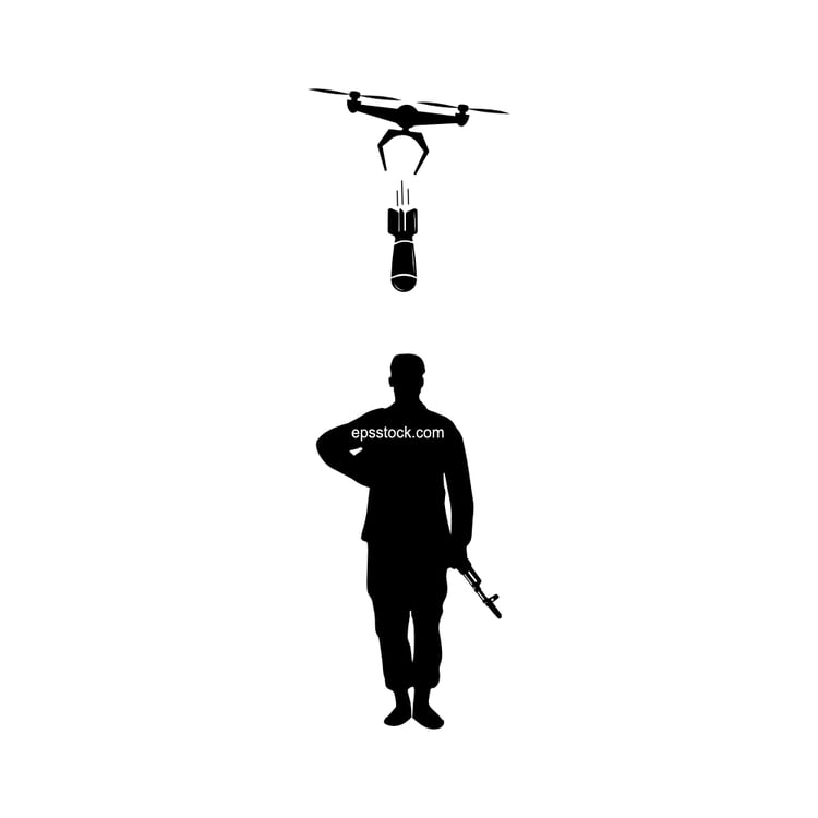 Drone destroying a soldier, black isolated vector silhouette