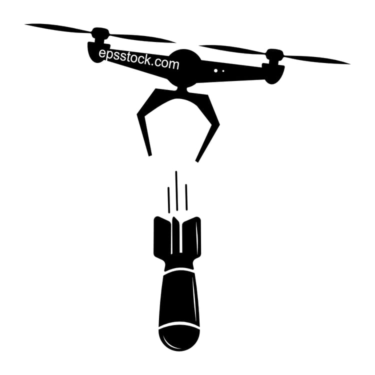 Drone dropping a bomb, black isolated vector silhouette