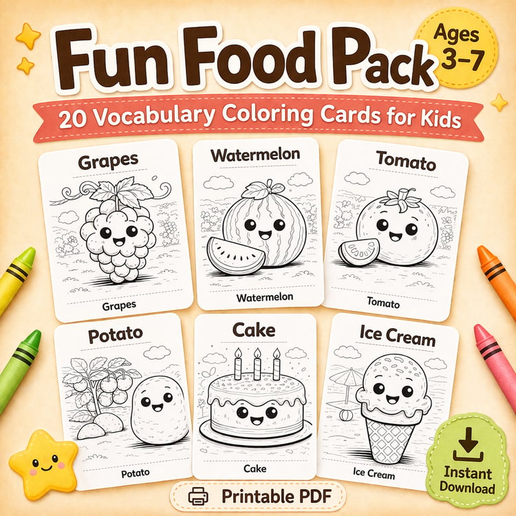 Fun Food Pack – Kids Vocabulary Coloring Cards (20 Printable Flashcards)