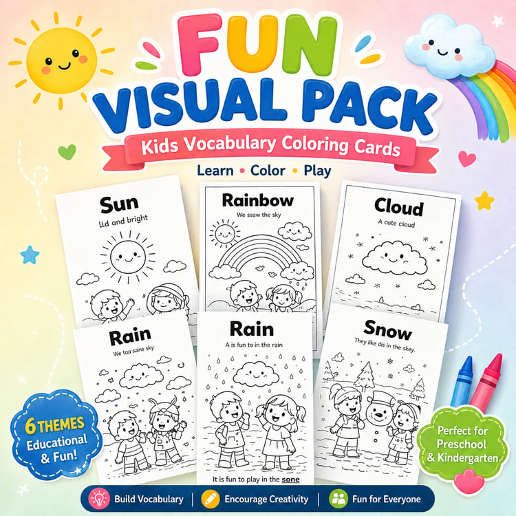 Fun Visual Pack – Kids Vocabulary Coloring Cards (20 Cute Learning Flashcards)