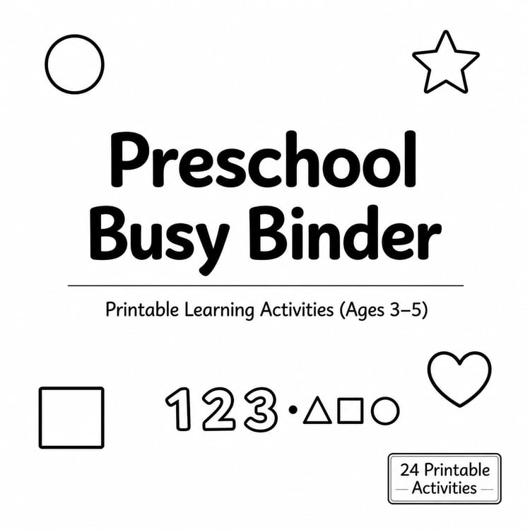 Preschool Busy Binder Printable - 24 Learning Activities for Ages 3–5 (Black & White PDF)