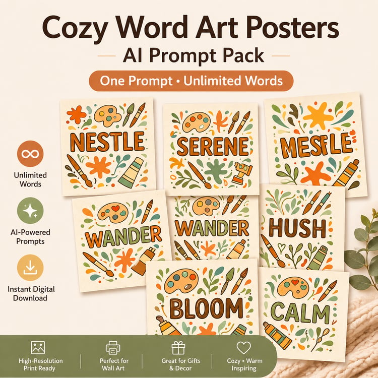 Cozy Word Art Posters – AI Prompt Pack for Printable & Wall Decor