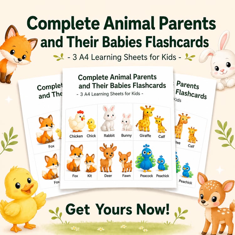 Complete Animal Parents and Their Babies Flashcards – 3 A4 Learning Sheets for Kids