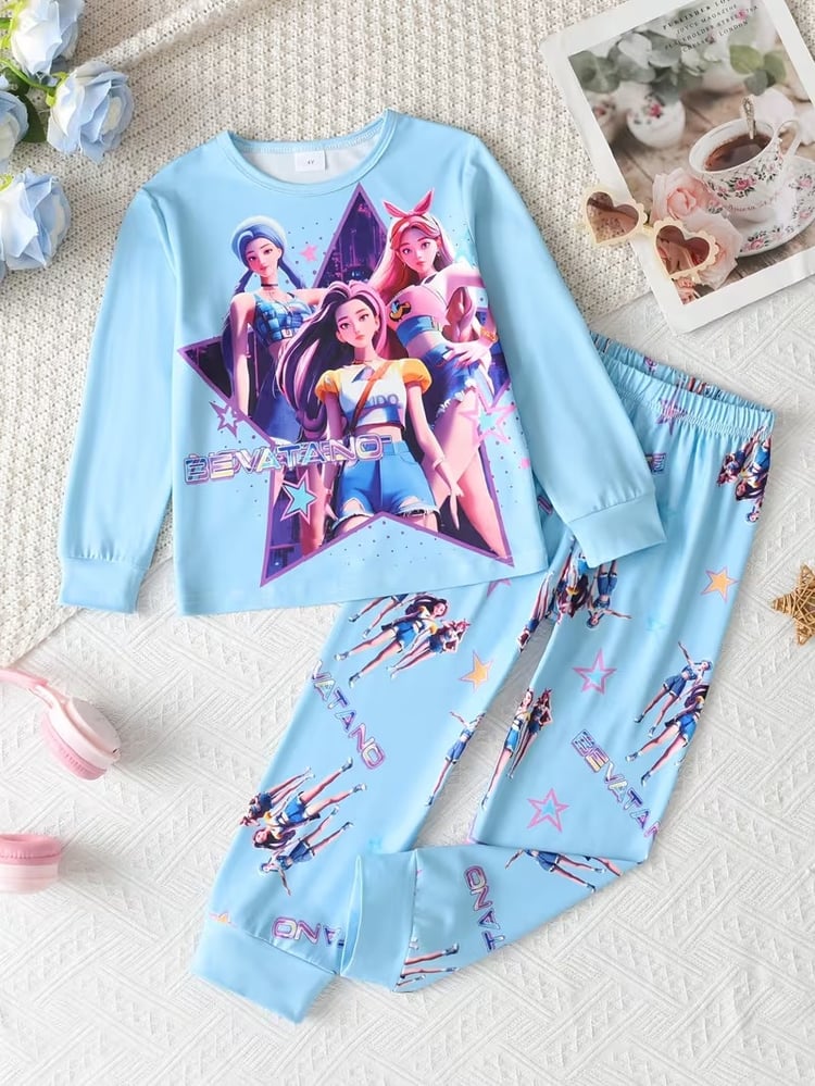 Blue girls pajama set with cartoon figures soft milk silk fabric