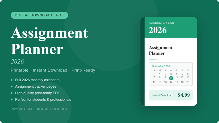 assignment planner, student planner, planner 2026, printable planner, PDF planner, school planner, homework tracker, academic planner, digital planner