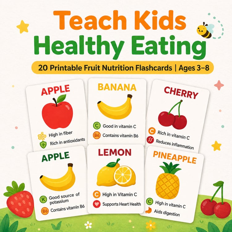 Teach Kids Healthy Eating – Printable Fruit Nutrition Flashcards (Ages 3–8)