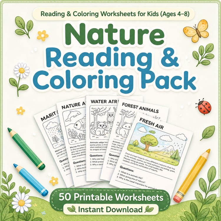 Nature Reading & Coloring Pack for Kids (Ages 4–8)