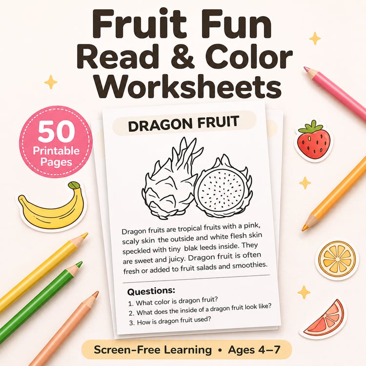 50 Screen-Free Reading & Coloring Worksheets for Kids (Ages 4–7)