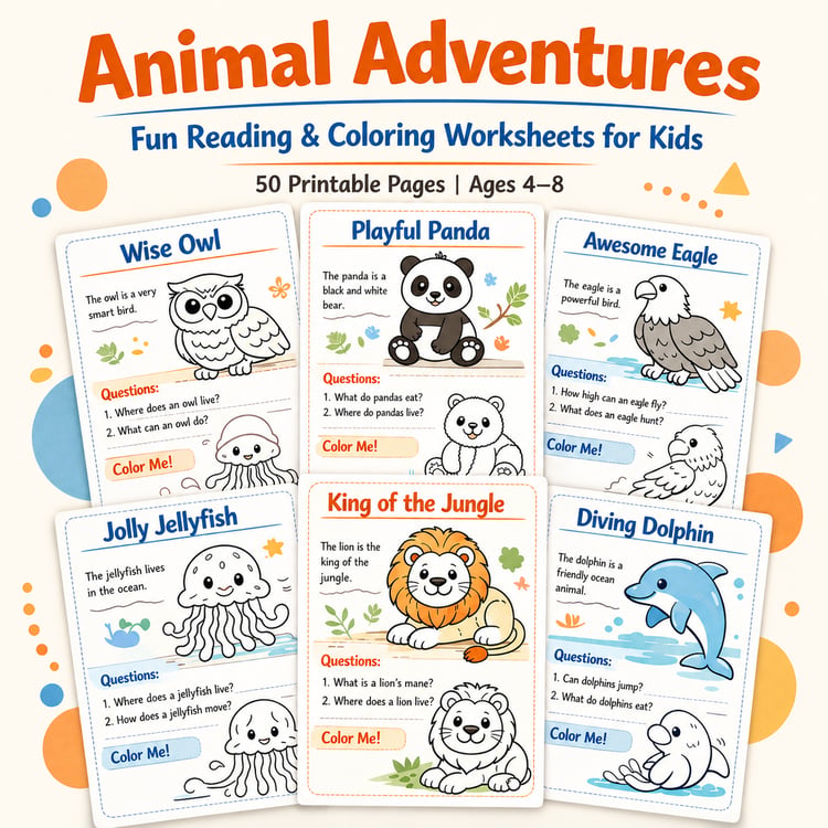 Animal Adventures – Fun Reading & Coloring Worksheets for Kids (50 Printable Pages)