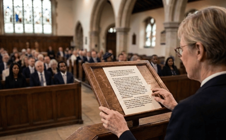 person reading a tribute from a lectern in a chapel