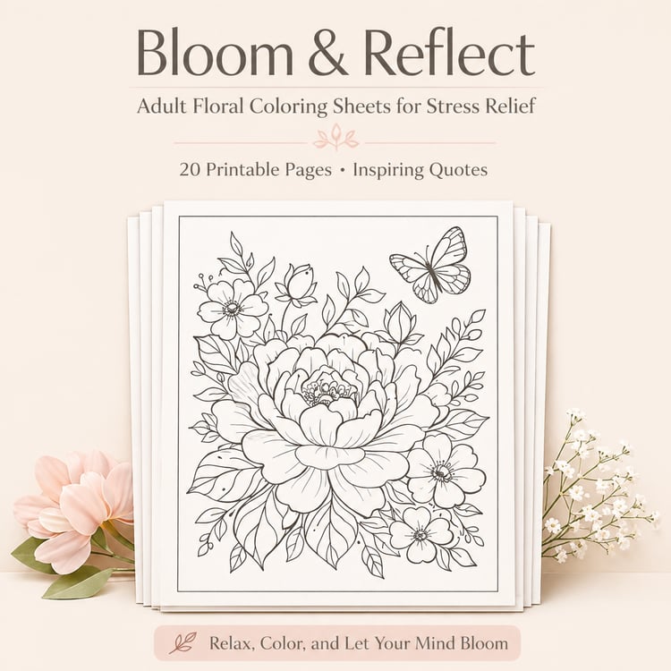 Bloom & Reflect – Adult Floral Coloring Sheets for Stress Relief (20 Printable Pages with Inspiring Quotes)