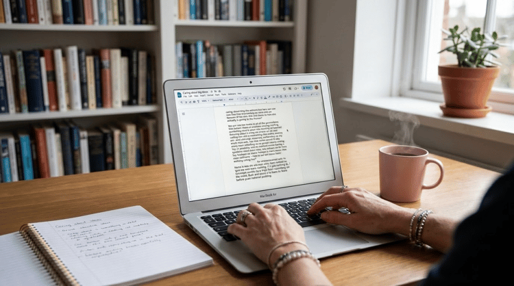 someone's hands typing ghostwriting work at a laptop with notes to their left, a mug of coffee on the right, and a bookshelf in front of their desk.