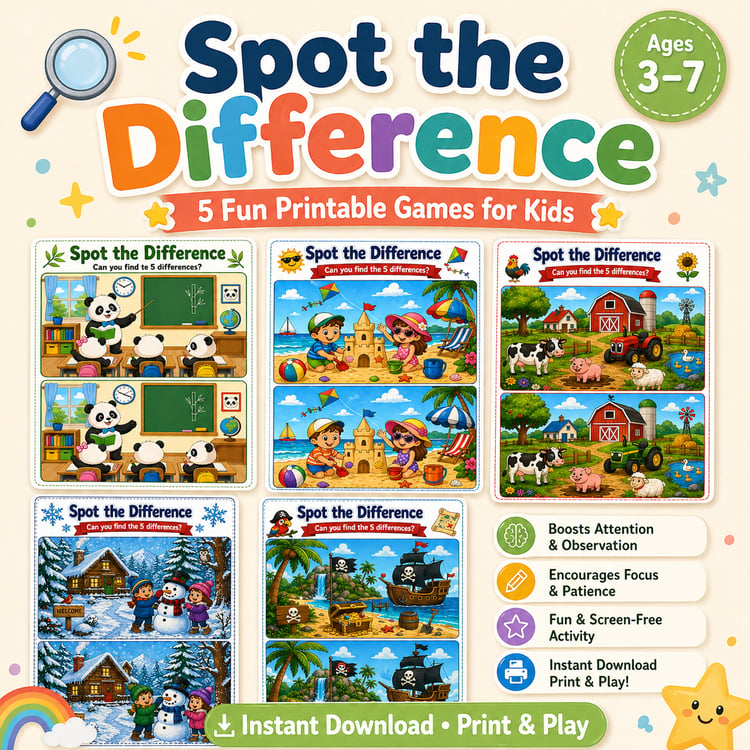 Spot the Difference for Kids – 5 Fun Printable Games (Instant Download)