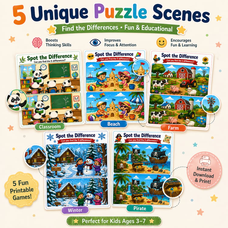 Spot the Difference for Kids – 5 Fun Printable Games (Instant Download)