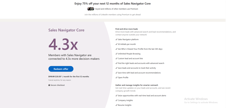 linkedin 12 months 75% discout coupon sales navigator core