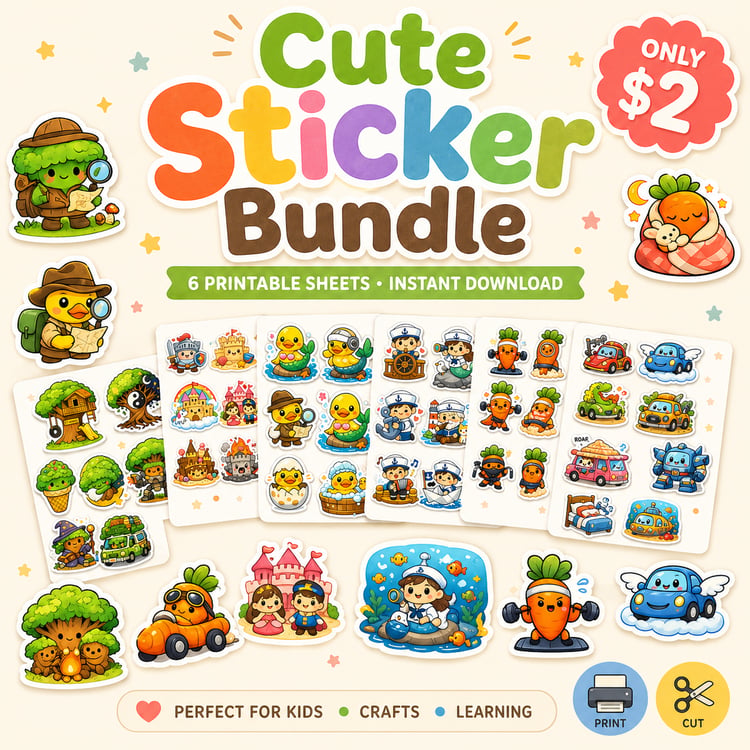 Cute Sticker Bundle – 6 Printable Sheets for Kids (Instant Download)