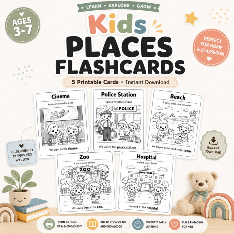 5 Kids Places Flashcards – Printable Learning Pack (Ages 3–7)