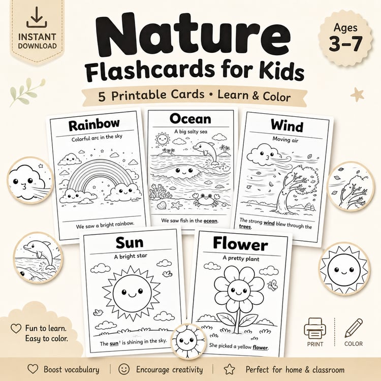 Cute Nature Flashcards for Kids – 5 Printable Coloring Pages (Ages 3–7)