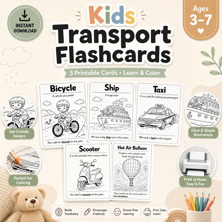 Printable Kids Flashcards – Learn Transport (5 Fun Cards)