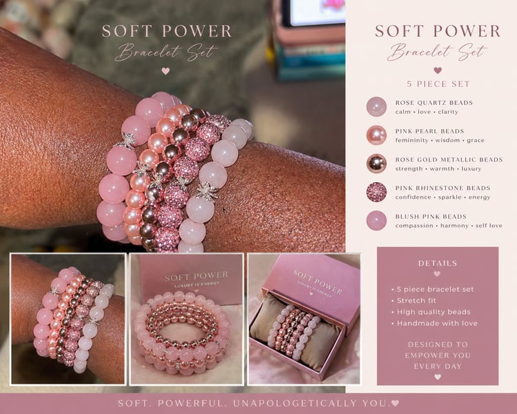 Soft Power Bracelet Set™ | 5-Piece Pink Beaded Stack | Handmade Feminine Jewelry Gift for Women