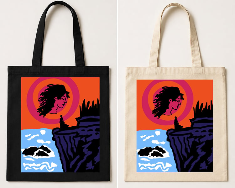 Black tote bag featuring a bold symbolic illustration of a woman standing on a cliff beneath a glowing sun with ocean waves below