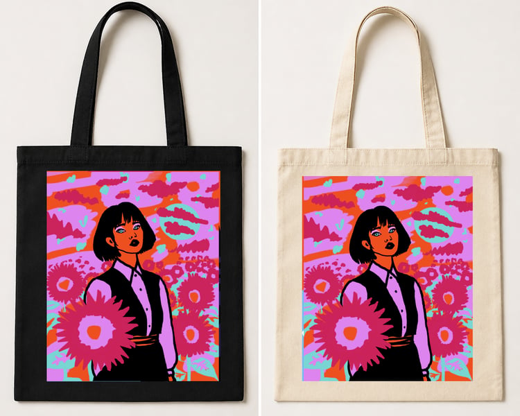 Black tote bag featuring a stylised portrait of a woman holding a glowing yellow orb surrounded by clouds and a colourful sky