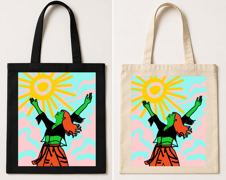 Black canvas tote bag featuring a figure reaching upward toward a large yellow sun in a soft pastel sky