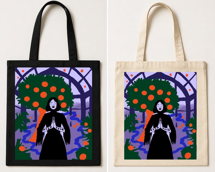 Black canvas tote bag featuring a symbolic illustration of a woman standing beneath a fruiting tree in a calm orchard setting