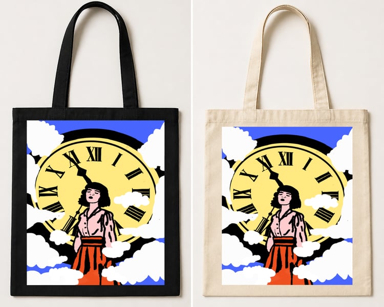Natural canvas tote bag featuring a woman standing in front of a large clock surrounded by clouds in a surreal composition
