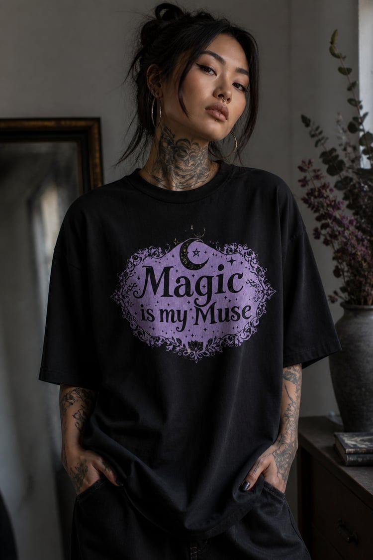 Black cotton t-shirt featuring a bold symbolic illustration of Magic is my Muse slogan by Catherine Gomersall