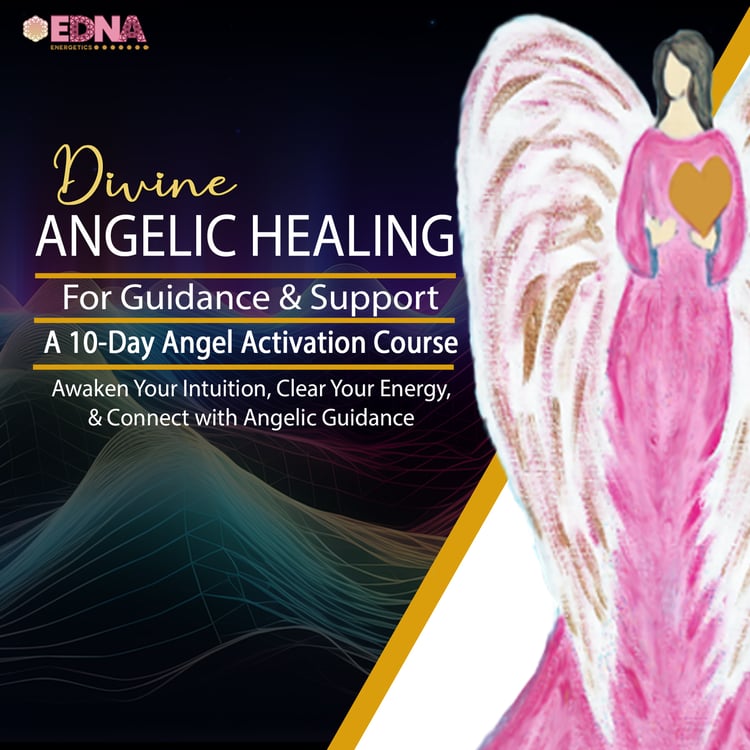Divine Angelic Healing course thumbnail with pink angel illustration and text for a 10-day angel activation course focused on intuition, energy clearing, and spiritual guidance