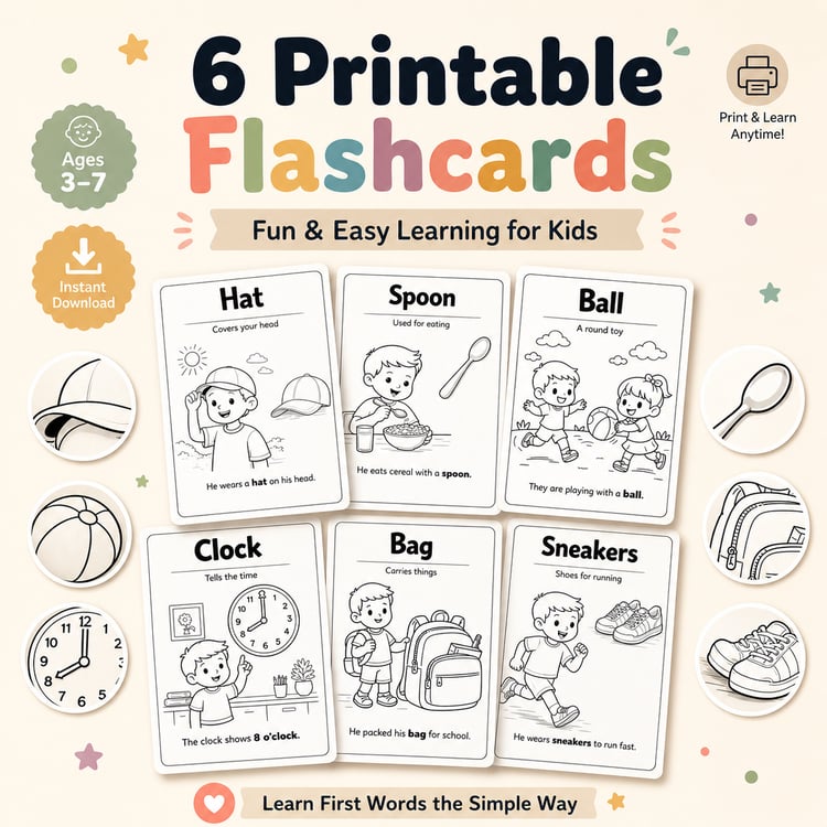 6 Printable Kids Flashcards – Fun & Easy Learning (Ages 3–7)