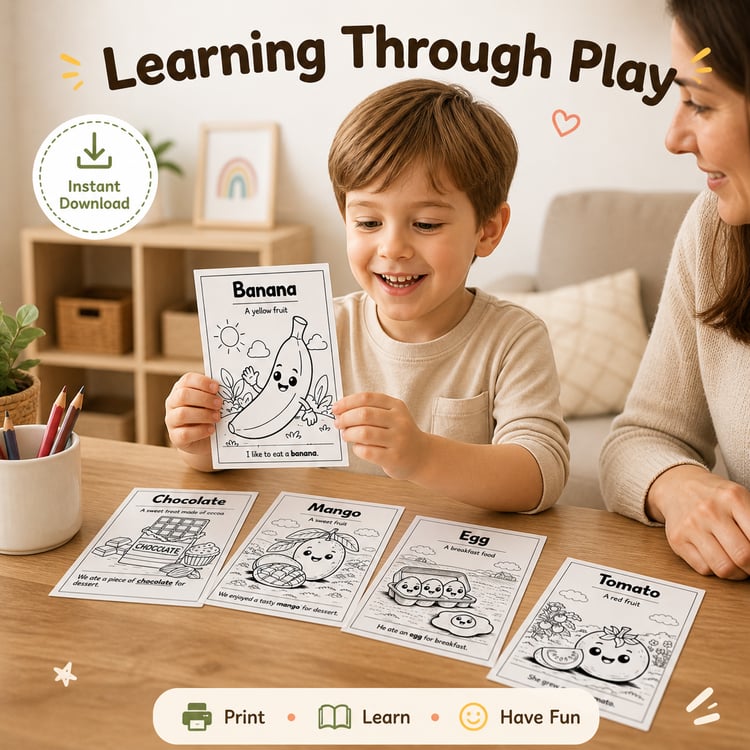 6 Printable Food Flashcards for Kids (Coloring + Simple Sentences) | Instant Download