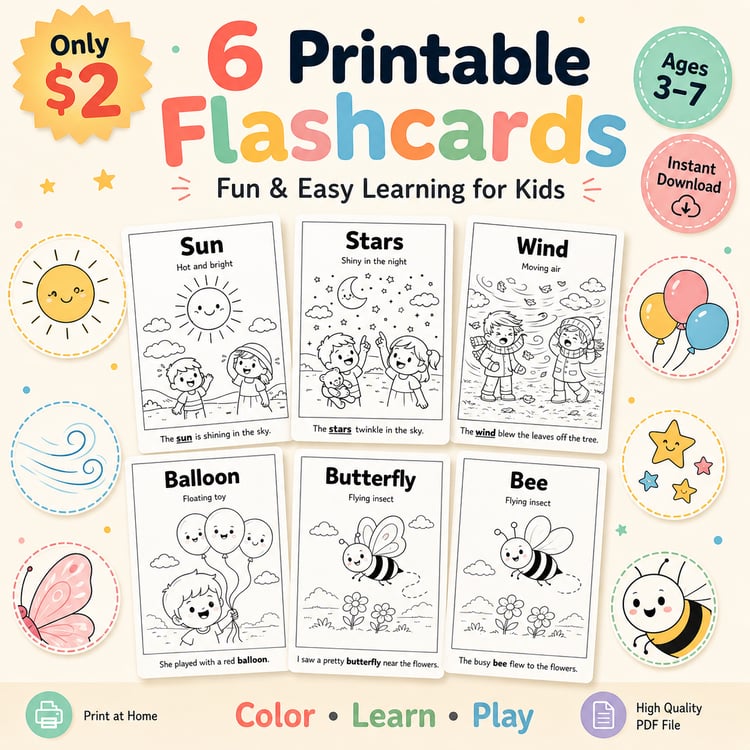 6 Fun Learning Flashcards for Kids (Printable PDF) Color, Learn & Build Vocabulary – Ages 3–7