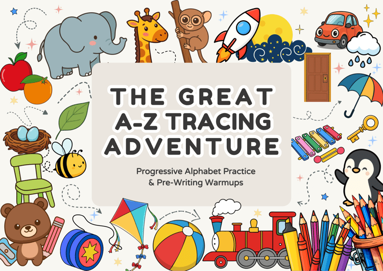 The Great A-Z Tracing Adventure cover featuring colorful animal illustrations and progressive alphabet practice title.