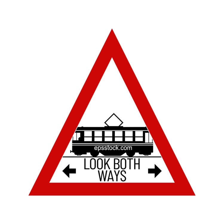tram sign look both ways, black and red isolated vector silhouette