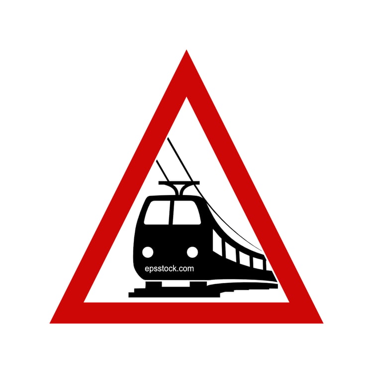 Tramcars crossing ahead Road Sign, black and red isolated vector silhouette  Keywords language: English