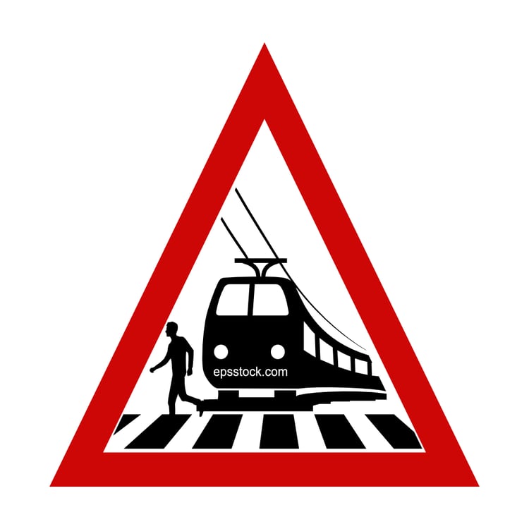 Tram Crossing Ahead Road Traffic Sign, black and red isolated vector silhouette