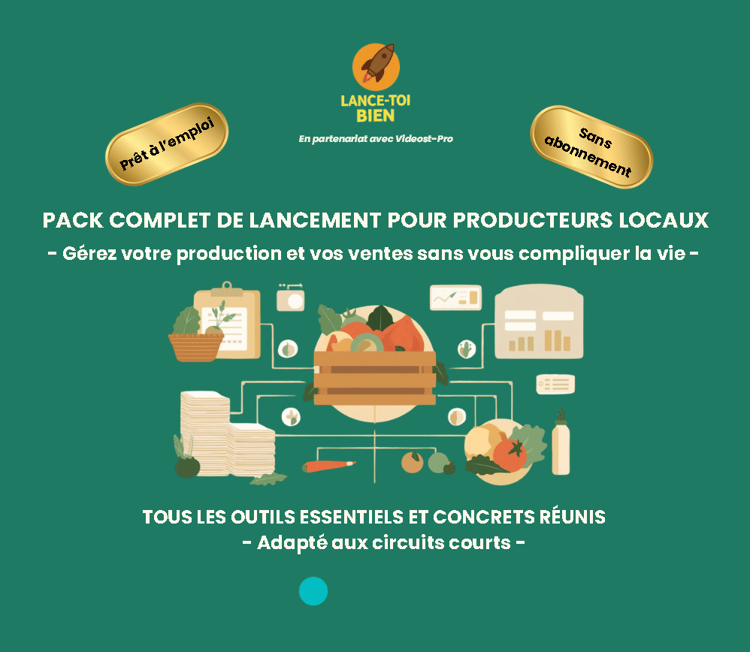 Pack de lancement pour producteurs agricoles et locaux avec outils pour prix, marchés, stocks, traçabilité, trésorerie et circuits courts