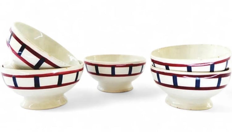 5 French footed café au lait bowls Basque pattern of red and blue stripes by Badonviller