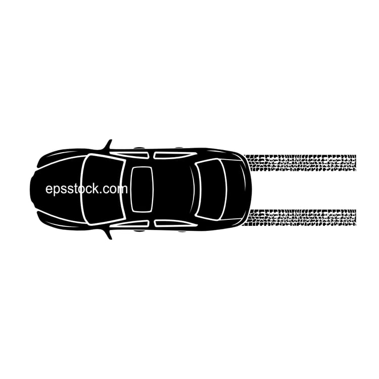 Car with road trace, black isolated vector silhouette